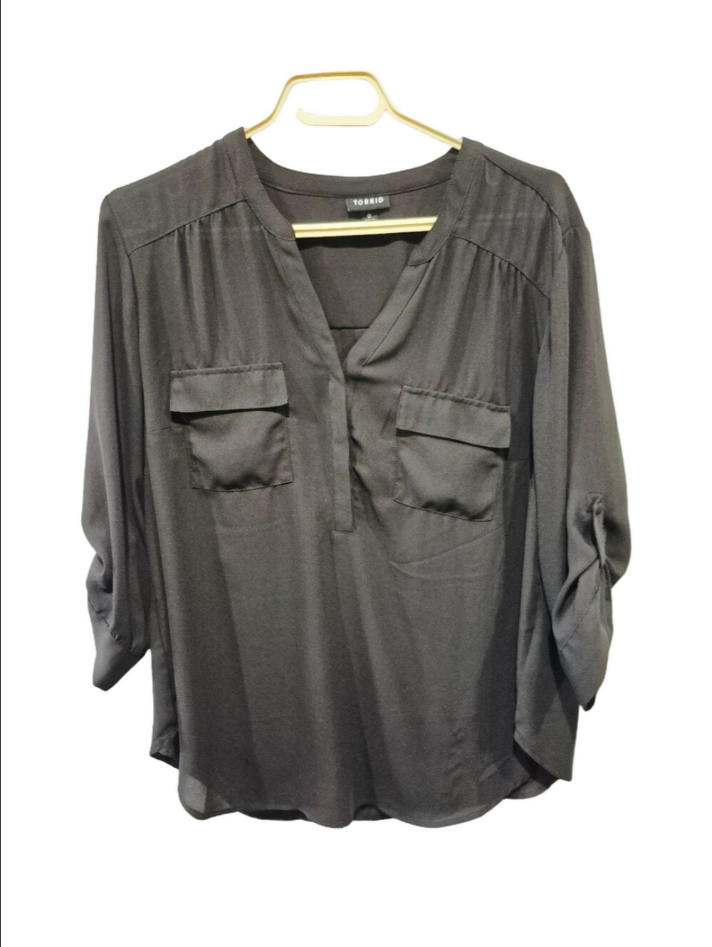 Torrid Harper Georgette Blouse Black Size 0 Roll Tab Pocket Chiffon Top 12 L